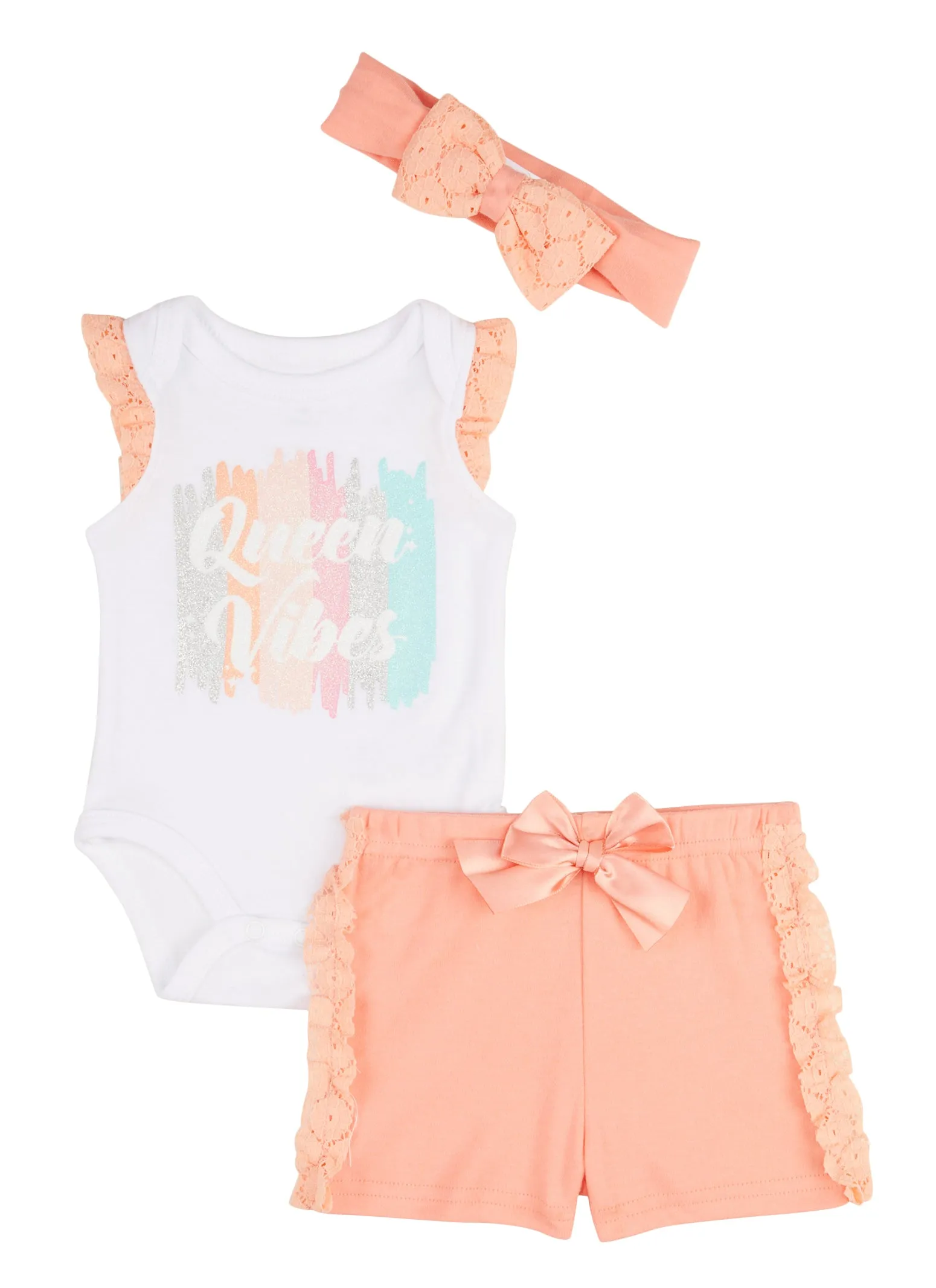 Baby Girls 0-9M Lace Trim Queen Vibes Graphic Bodysuit and Shorts