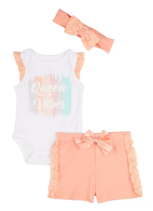 Baby Girls 0-9M Lace Trim Queen Vibes Graphic Bodysuit and Shorts