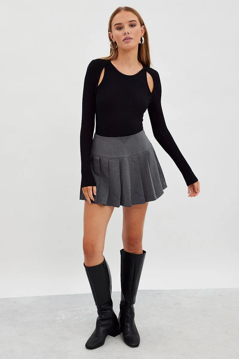 Black Bodysuit Long Sleeve Round Neck Cut Out Rib