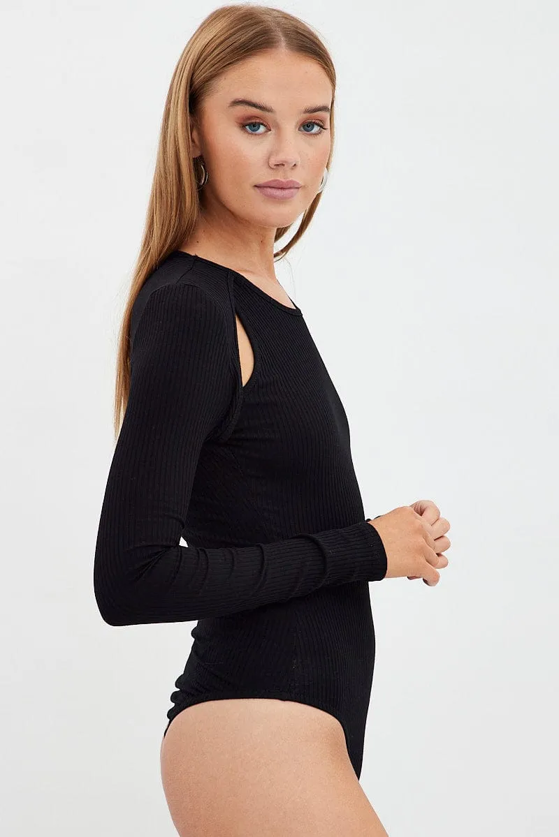 Black Bodysuit Long Sleeve Round Neck Cut Out Rib