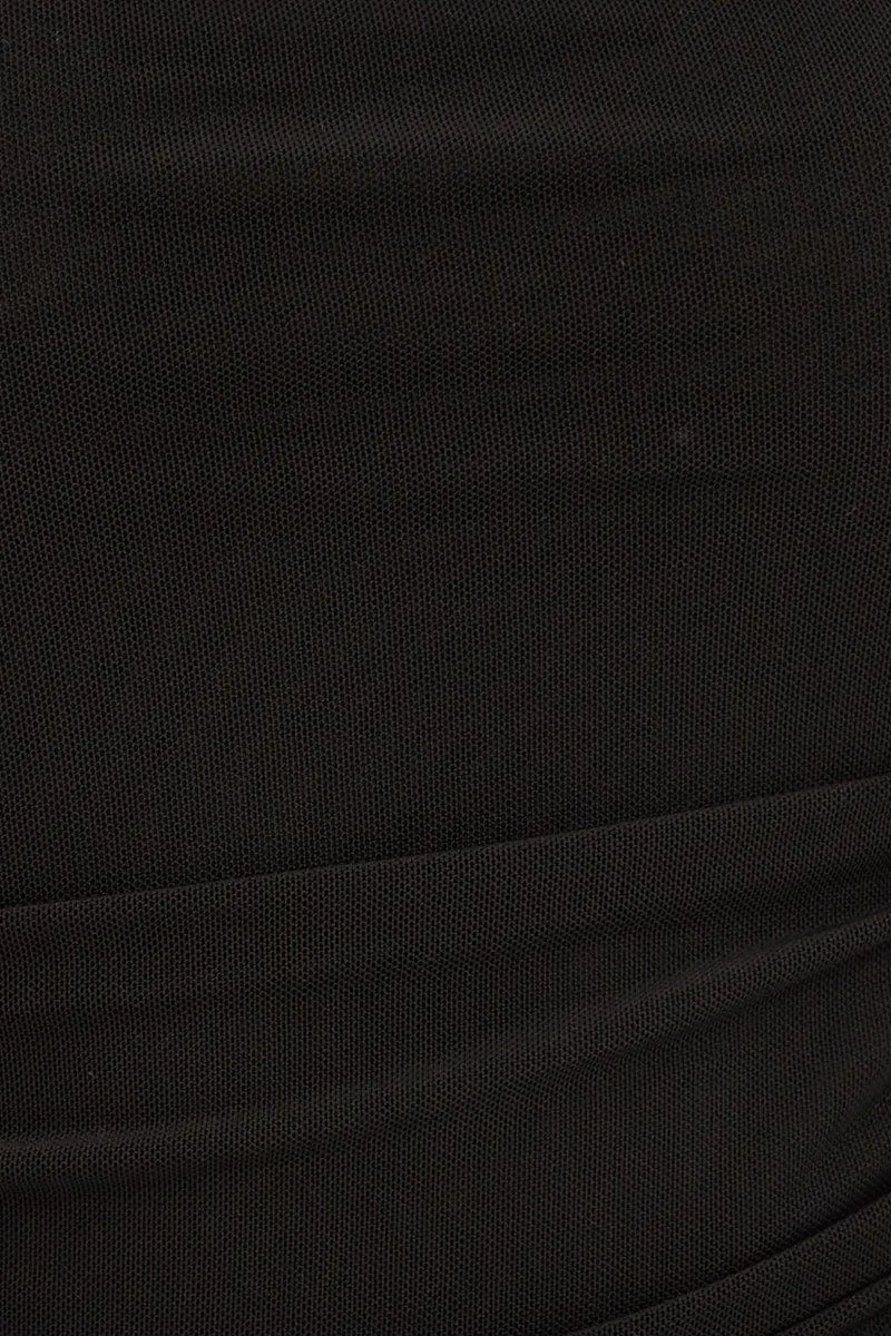 Black Mesh Bodysuit Puff Sleeve Ruched Bodice
