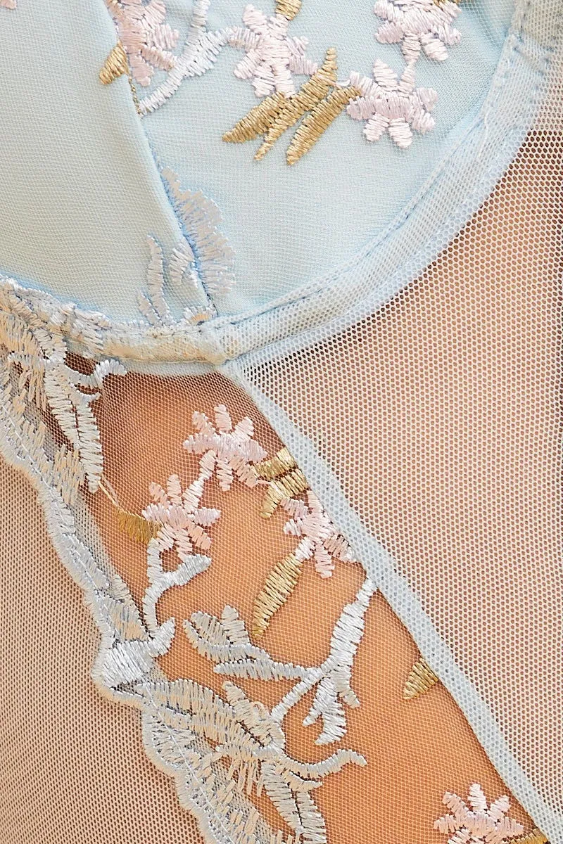 Blue Floral Embroidered Mesh One Piece Teddy Bodysuit