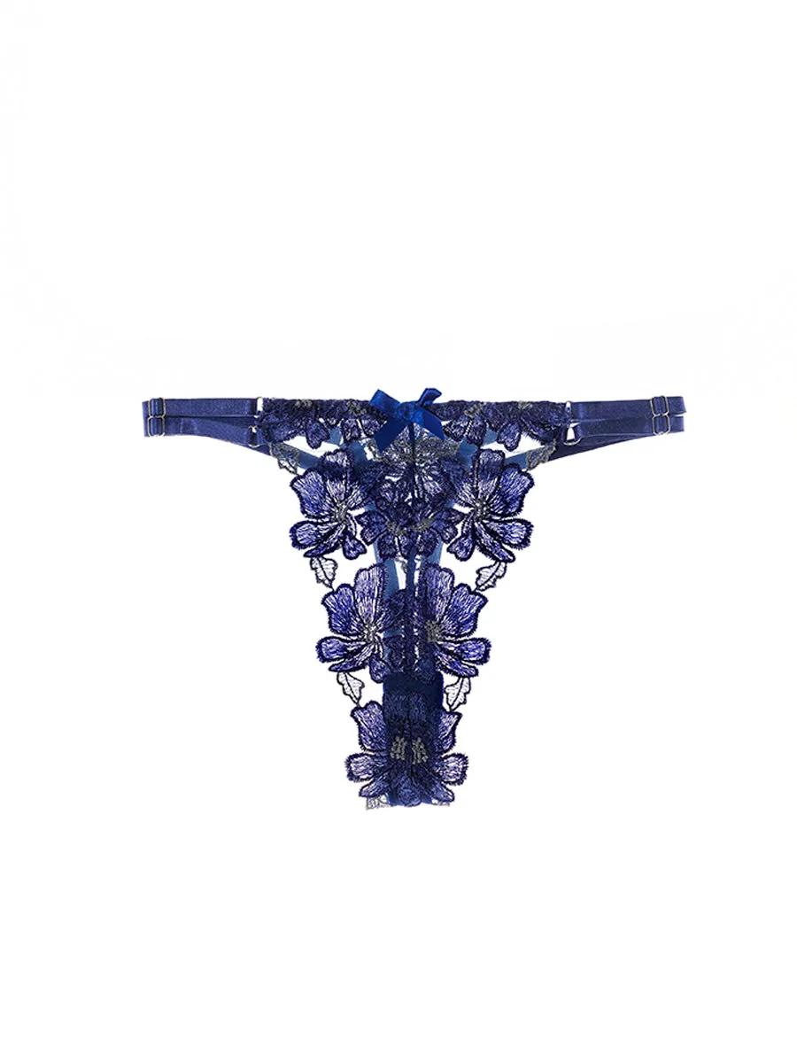 Blue Floral Embroidered Mesh Sheer Thong