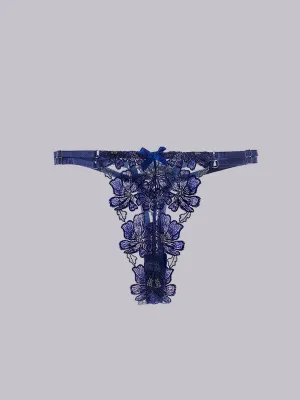 Blue Floral Embroidered Mesh Sheer Thong