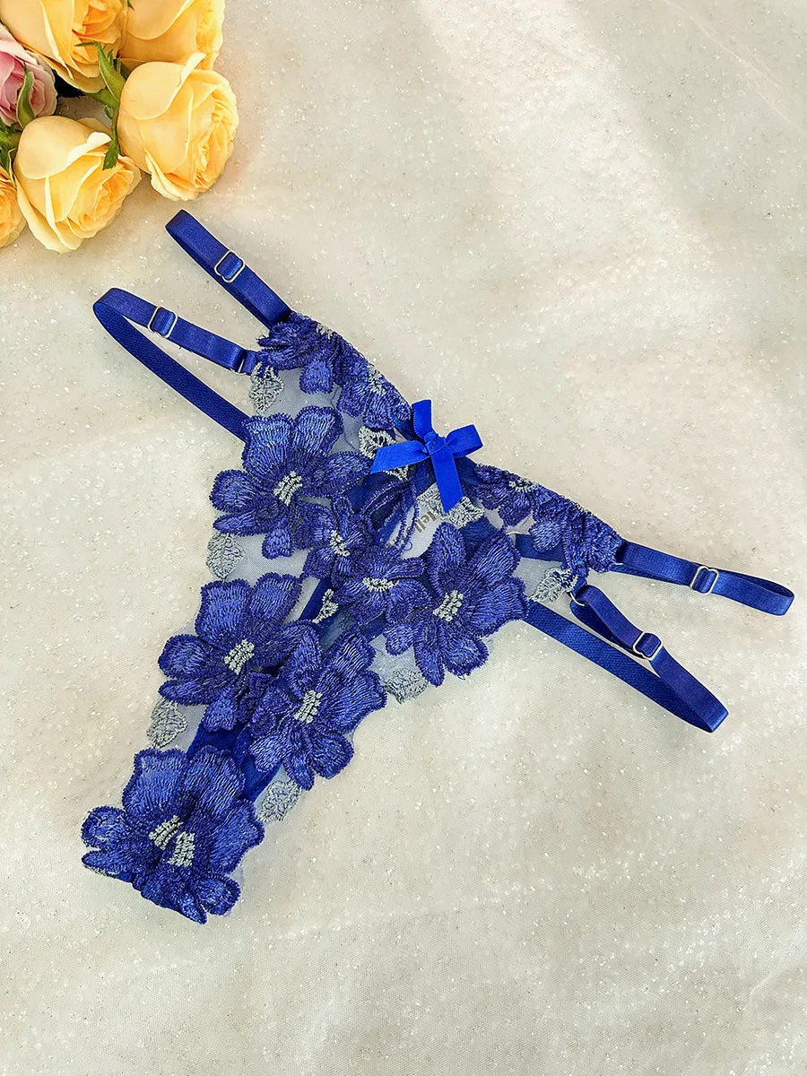 Blue Floral Embroidered Mesh Sheer Thong