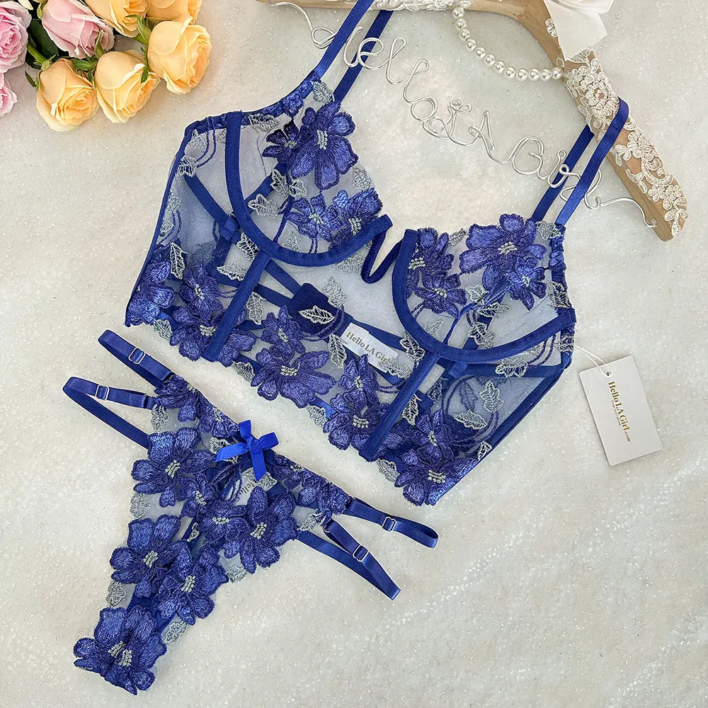 Blue Floral Embroidered Mesh Sheer Thong