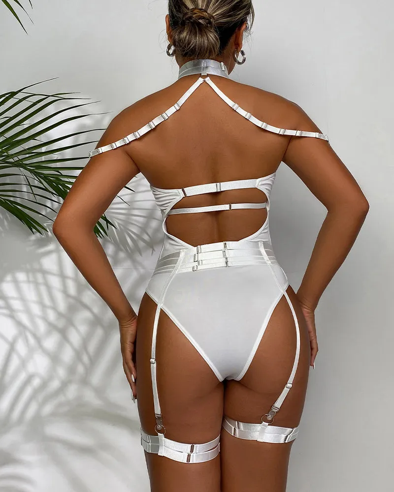 Choker Mesh Bodysuit with Garter Belts