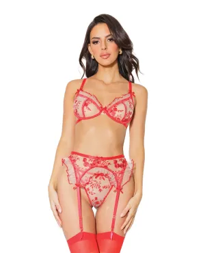 Coquette Embroidered Tulle Bra Set w/Ruffled Trim, Garter Belt & G-String
