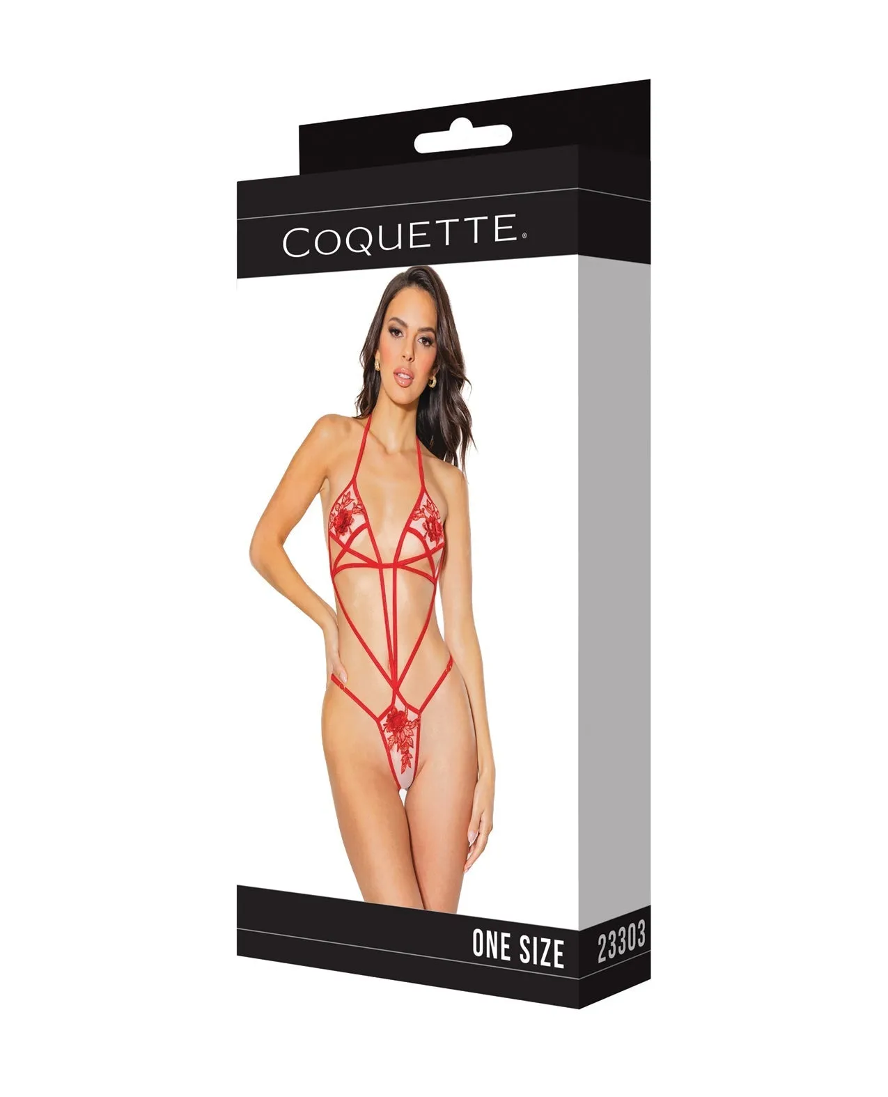 Coquette Floral Embroidered Tulle Strappy Teddy Red
