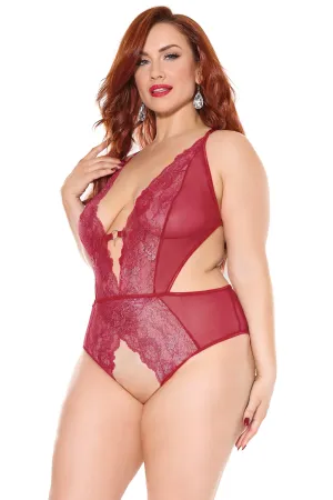Coquette Holiday Diva Metallic Scallop Lace Crotchless Teddy Red/Silver