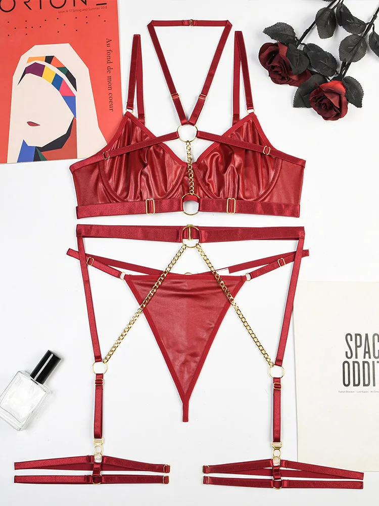 Fashion 3 Pack Harness Lingerie Set with Chain Linked Ring