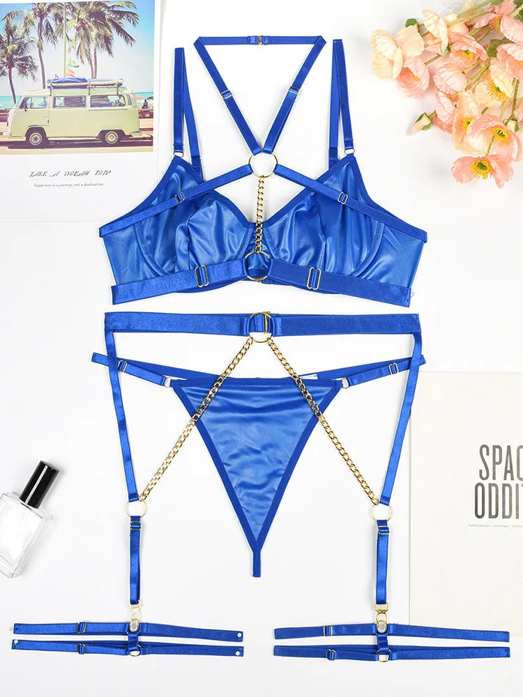Fashion 3 Pack Harness Lingerie Set with Chain Linked Ring