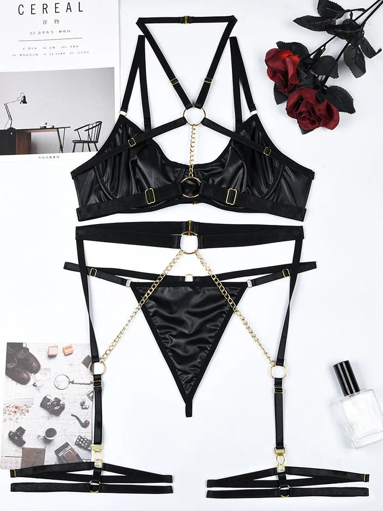 Fashion 3 Pack Harness Lingerie Set with Chain Linked Ring