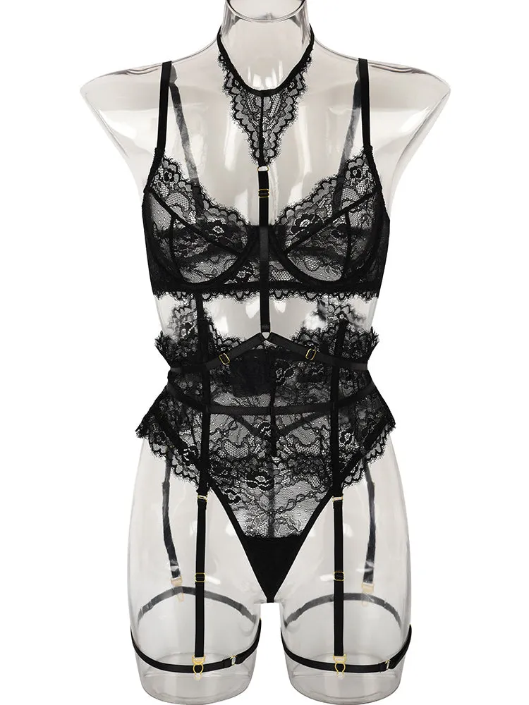 Four Piece Lace Garter Choker Babydoll Lingerie Set