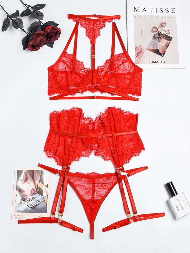 Four Piece Lace Garter Choker Babydoll Lingerie Set