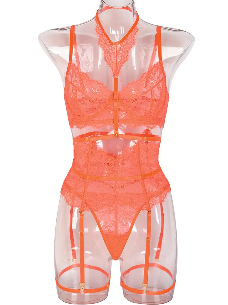 Four Piece Lace Garter Choker Babydoll Lingerie Set