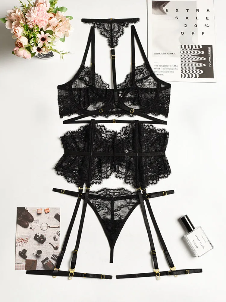 Four Piece Lace Garter Choker Babydoll Lingerie Set