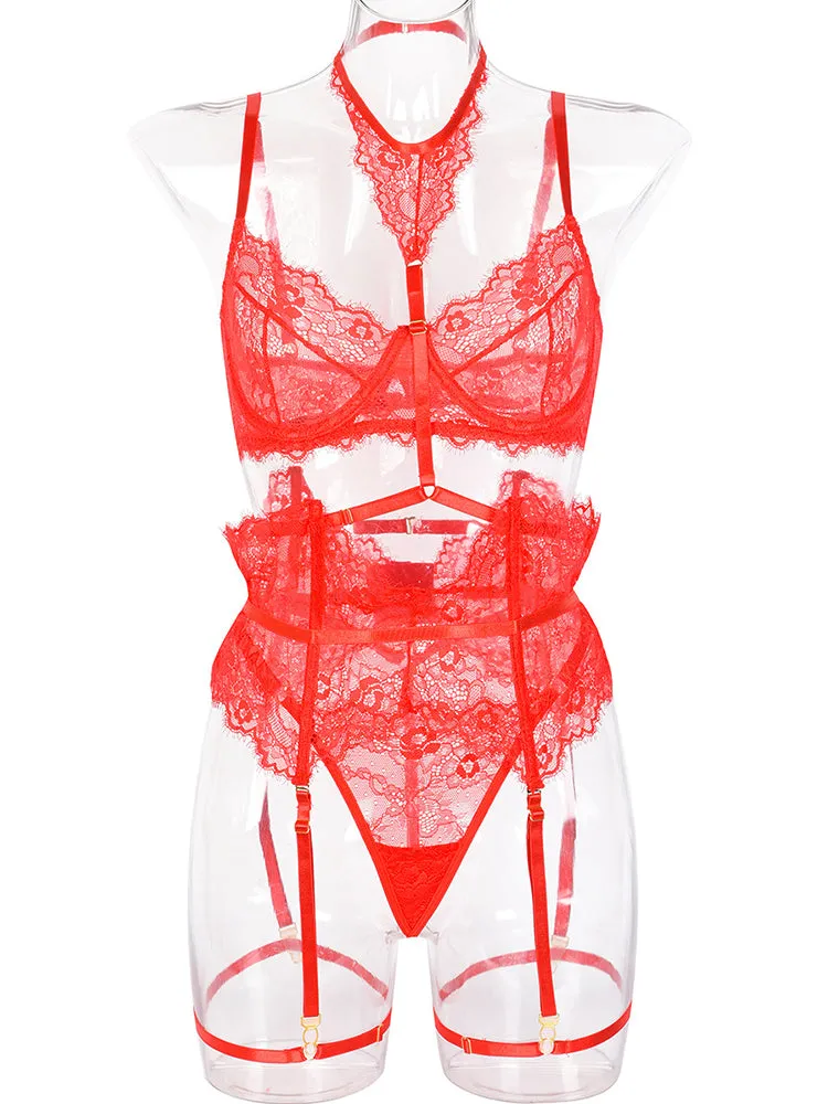 Four Piece Lace Garter Choker Babydoll Lingerie Set