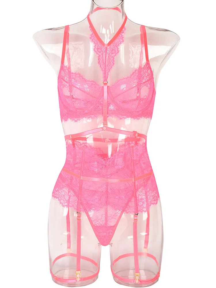 Four Piece Lace Garter Choker Babydoll Lingerie Set