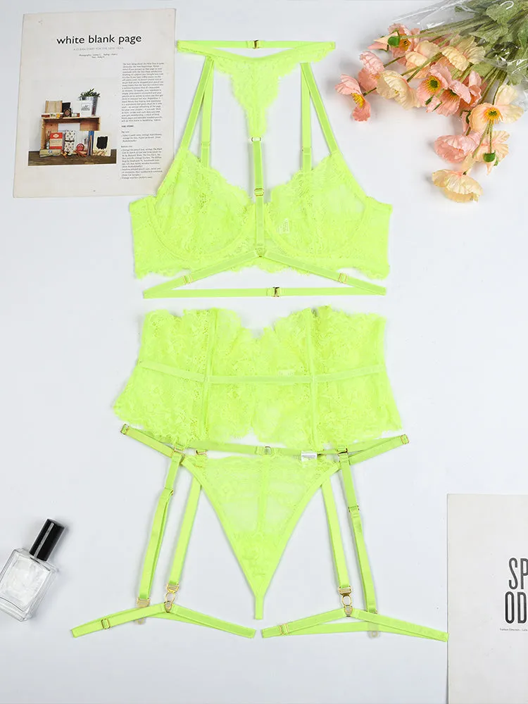 Four Piece Lace Garter Choker Babydoll Lingerie Set