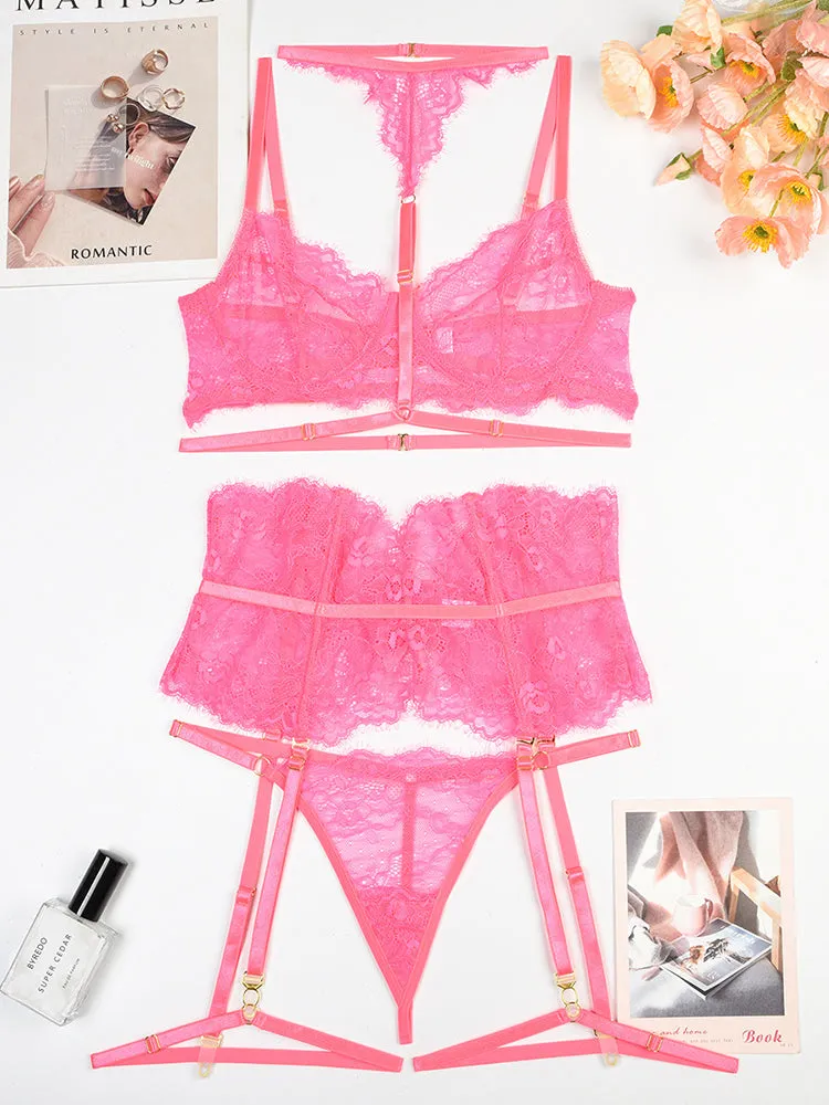 Four Piece Lace Garter Choker Babydoll Lingerie Set
