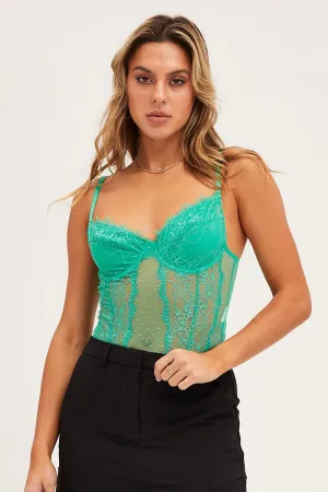 Green Bodysuit Sleeveless Sweetheart Lace