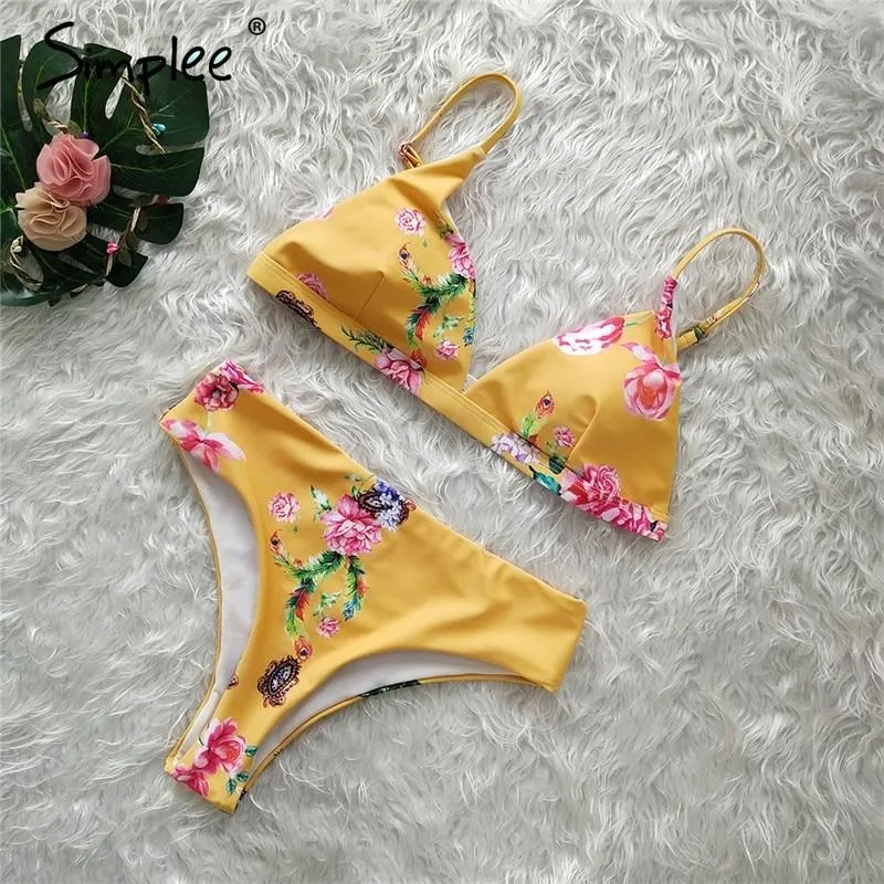 Leopard print women two piece bodysuit High waist push up triangle swimwear Sexy floral print female summer swimsuit