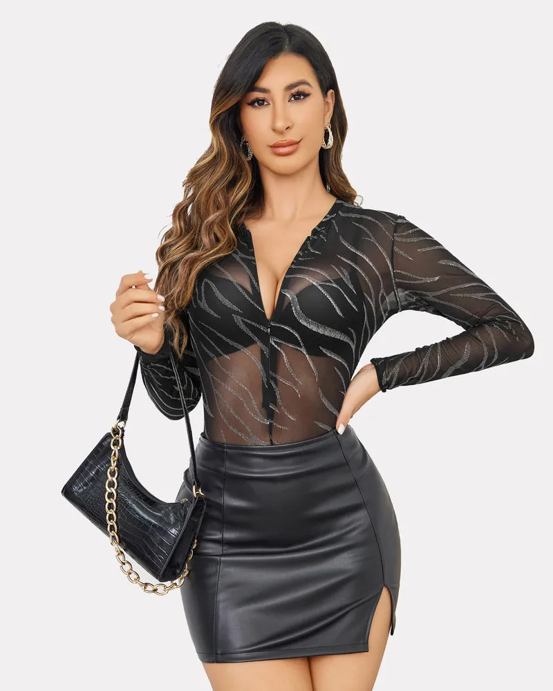 Leopard Zipper Sheer Bodysuit