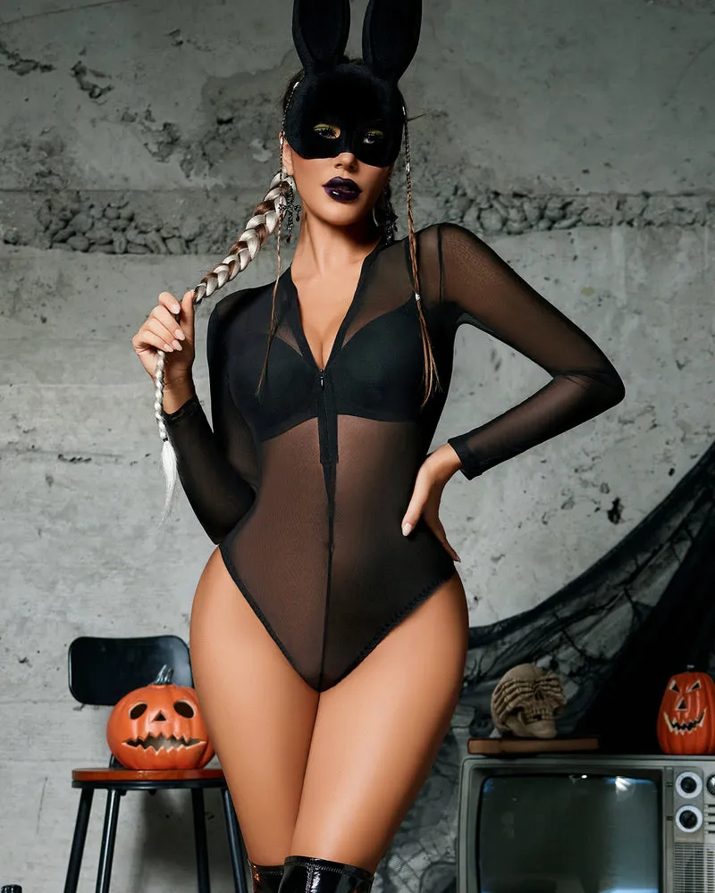 Leopard Zipper Sheer Bodysuit