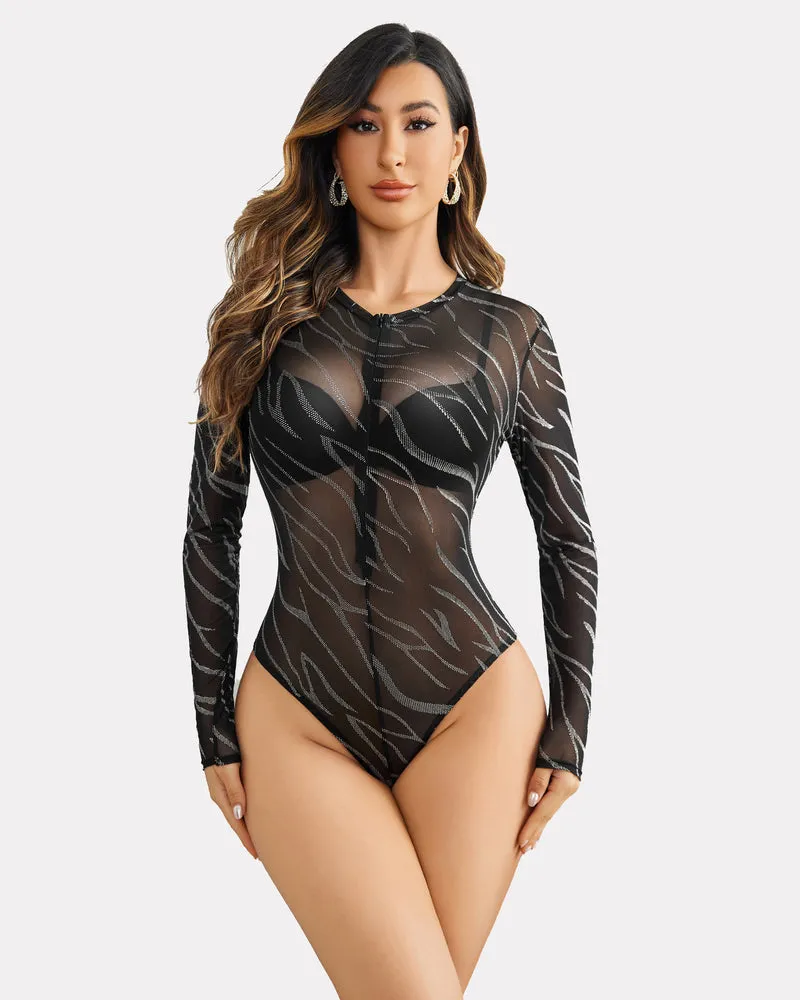 Leopard Zipper Sheer Bodysuit