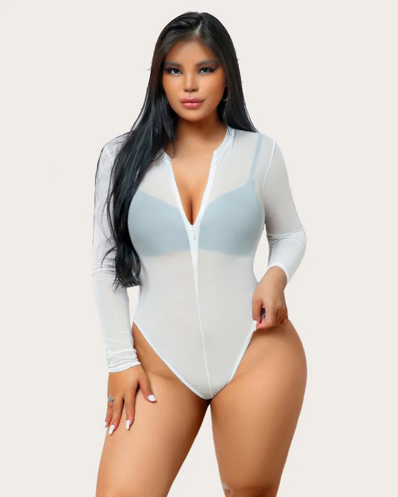 Leopard Zipper Sheer Bodysuit