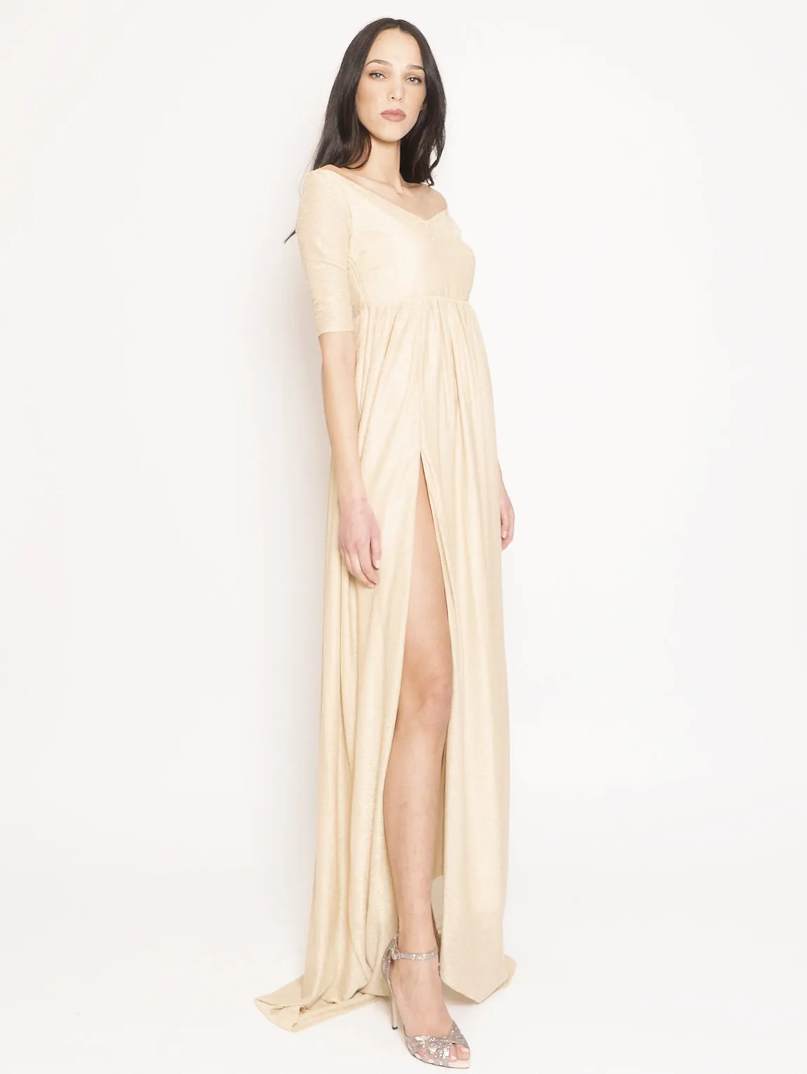 Long Lurex Dress with Short Gold Sleeve