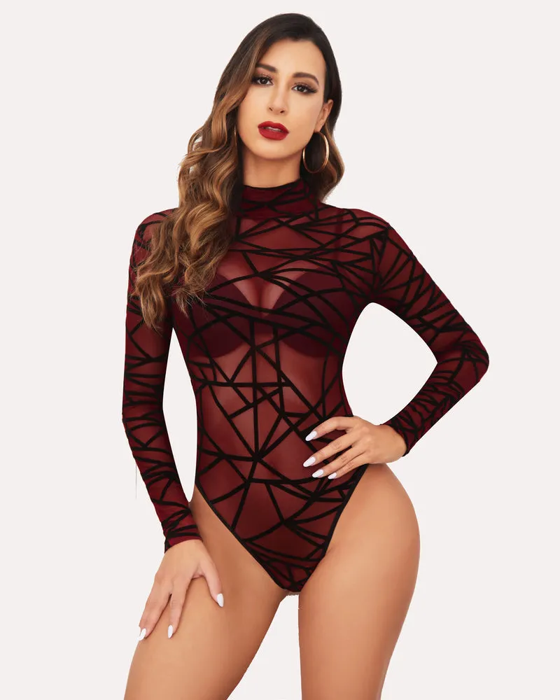 Long Sleeve Floral Turtleneck Sheer Bodysuit