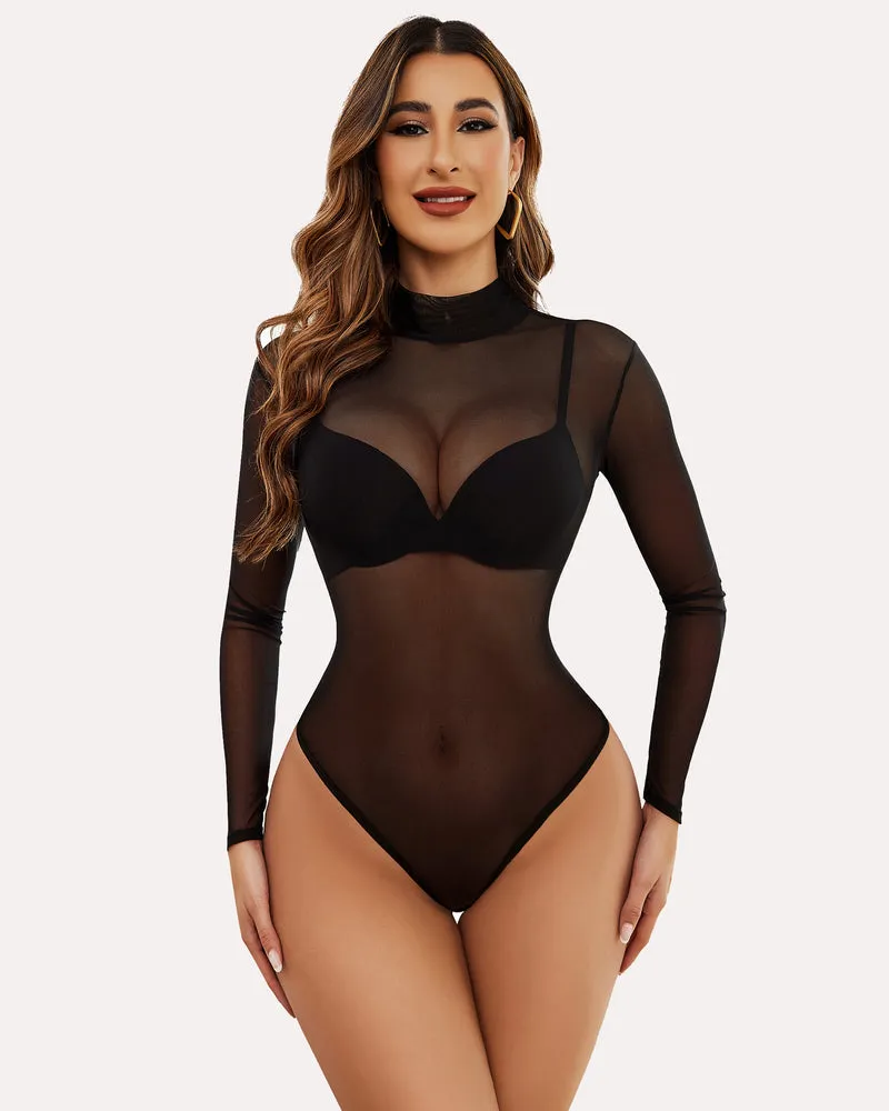 Long Sleeve Floral Turtleneck Sheer Bodysuit