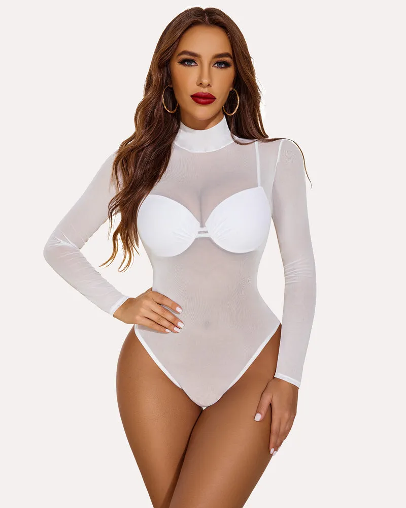Long Sleeve Floral Turtleneck Sheer Bodysuit