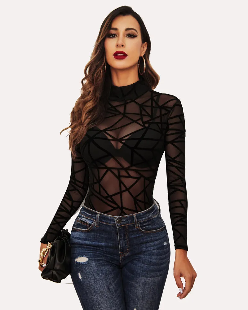 Long Sleeve Floral Turtleneck Sheer Bodysuit
