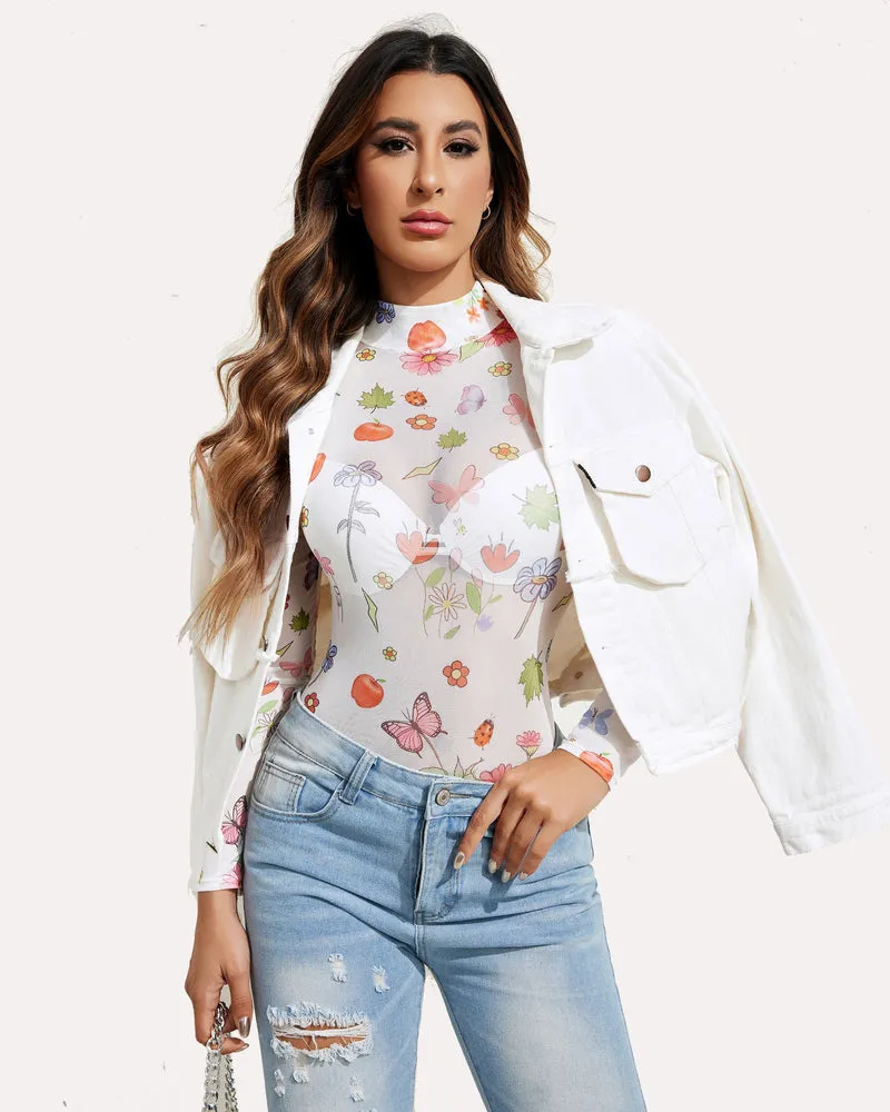 Long Sleeve Floral Turtleneck Sheer Bodysuit