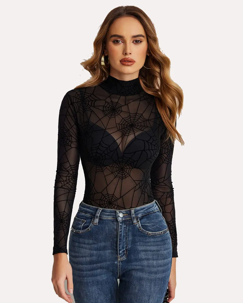 Long Sleeve Floral Turtleneck Sheer Bodysuit