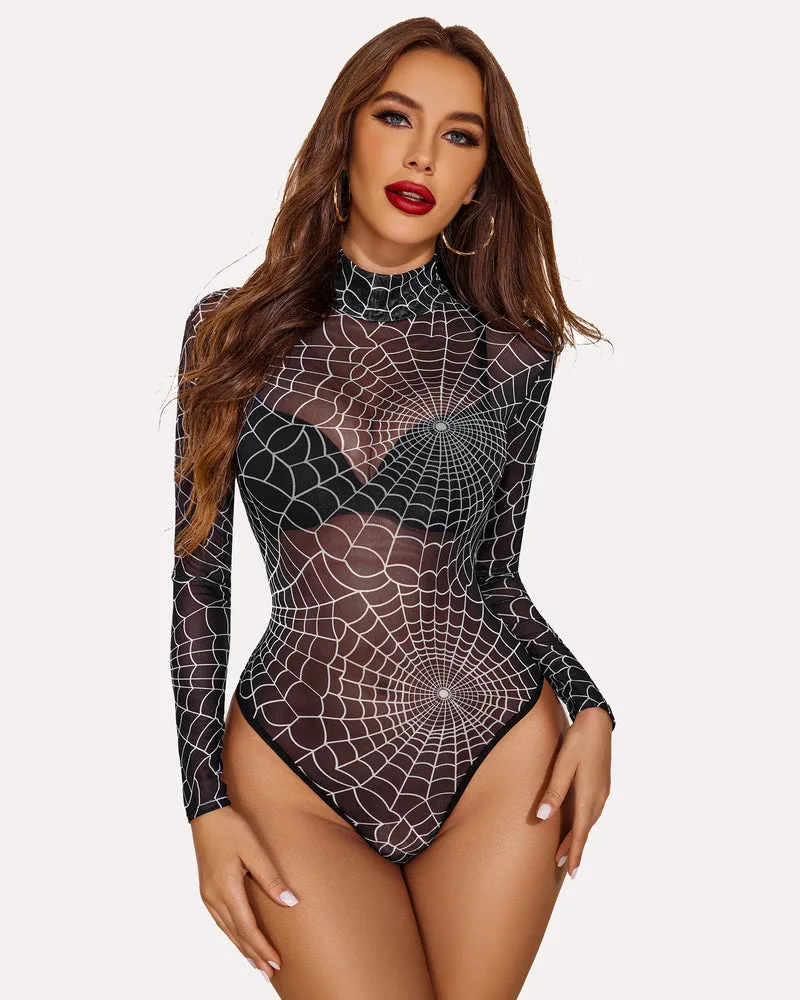 Long Sleeve Floral Turtleneck Sheer Bodysuit