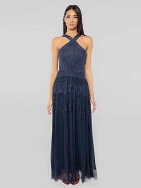 Long Lace Dress with American Neckline in Blue