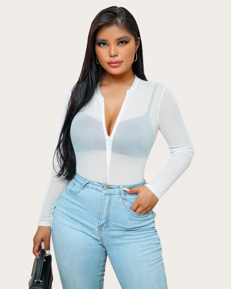 Mesh Zipper Sheer Bodysuit
