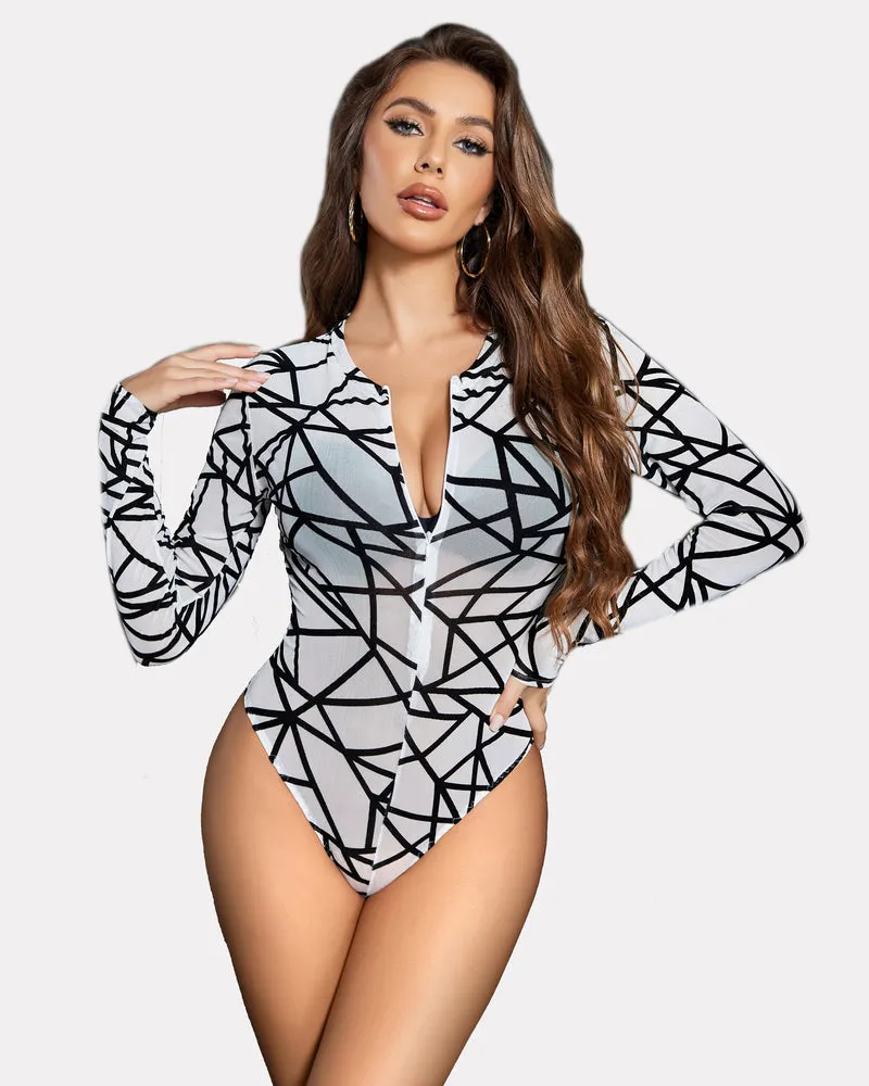 Mesh Zipper Sheer Bodysuit