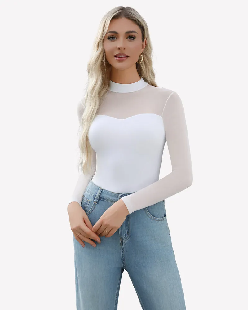 Mock Turtle Neck Sheer Mesh Bodysuit