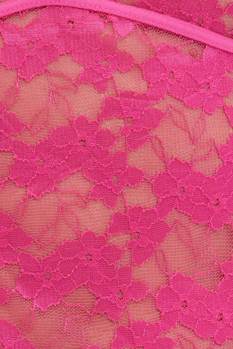 Pink Sleeveless Bodysuit V-Neck Lace