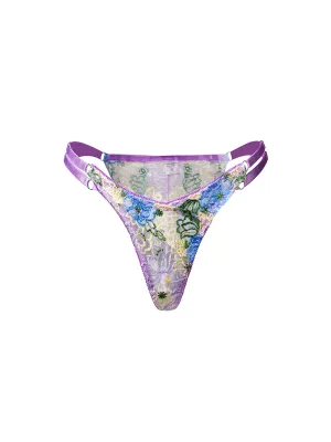 Purple Florals Embroidery Thong