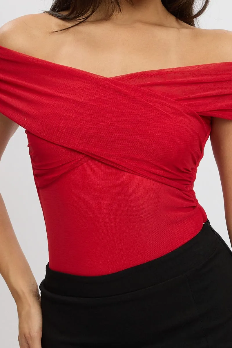 Red Off Shoulder Bodysuit Mesh