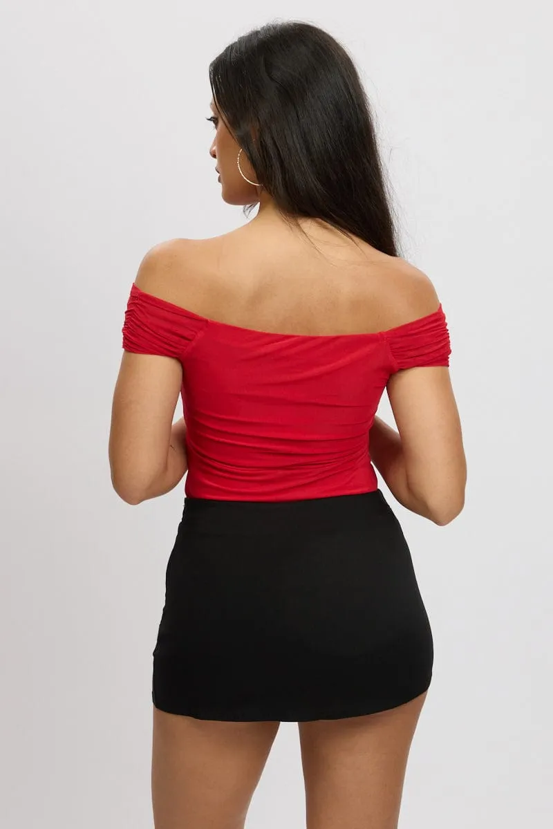 Red Off Shoulder Bodysuit Mesh