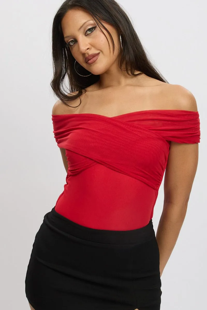 Red Off Shoulder Bodysuit Mesh