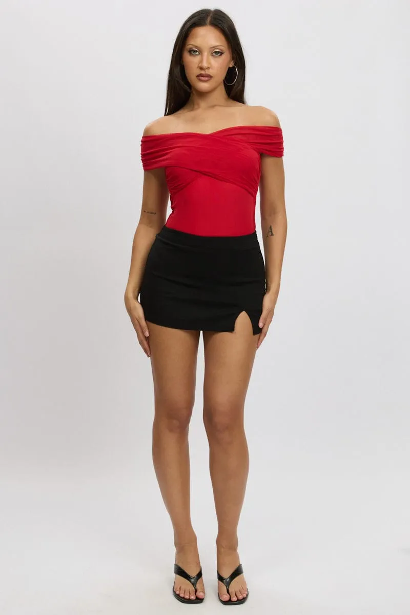 Red Off Shoulder Bodysuit Mesh