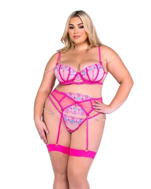 Roma Confidential Queen Sultry Siren Rivage Satin Lace Pearl Garter Bra Set Pink